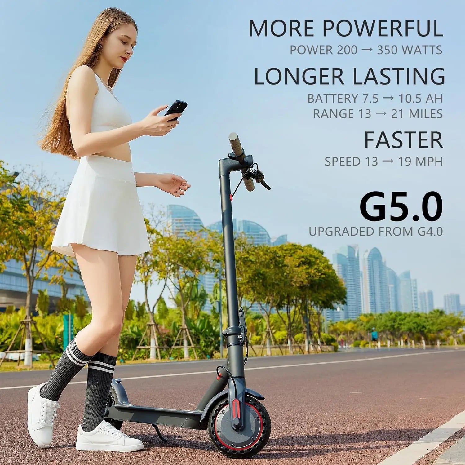 G5.0 Electric Scooter 36V 10.5AH High Capacity Battery 21Miles Long Range 19Mph 350 Motor 8.5Inch Tyres Foldable Escooter
