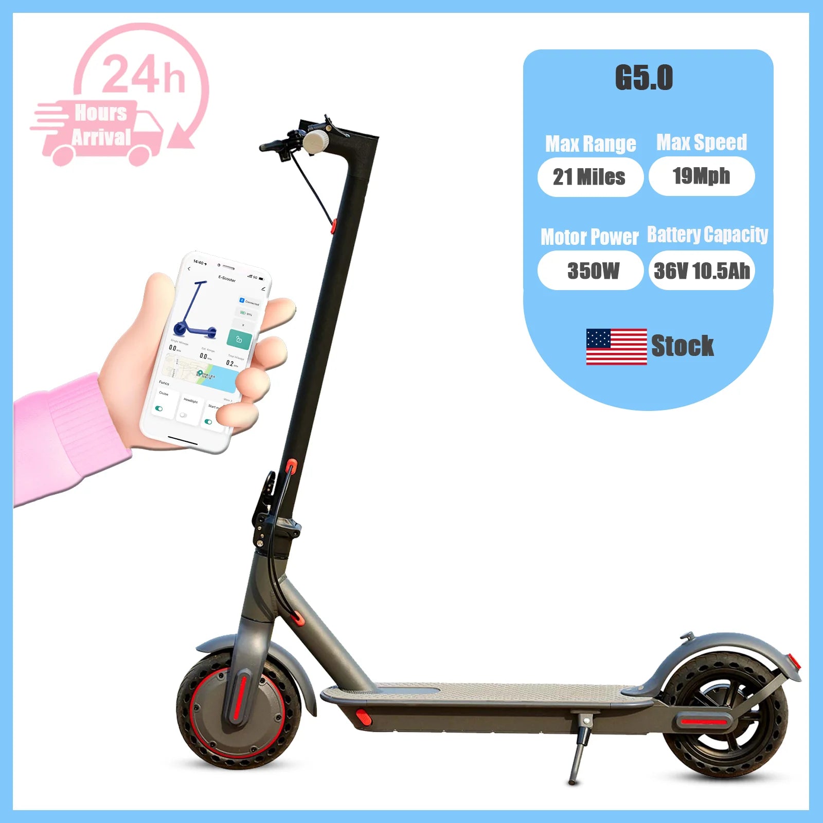 G5.0 Electric Scooter 36V 10.5AH High Capacity Battery 21Miles Long Range 19Mph 350 Motor 8.5Inch Tyres Foldable Escooter