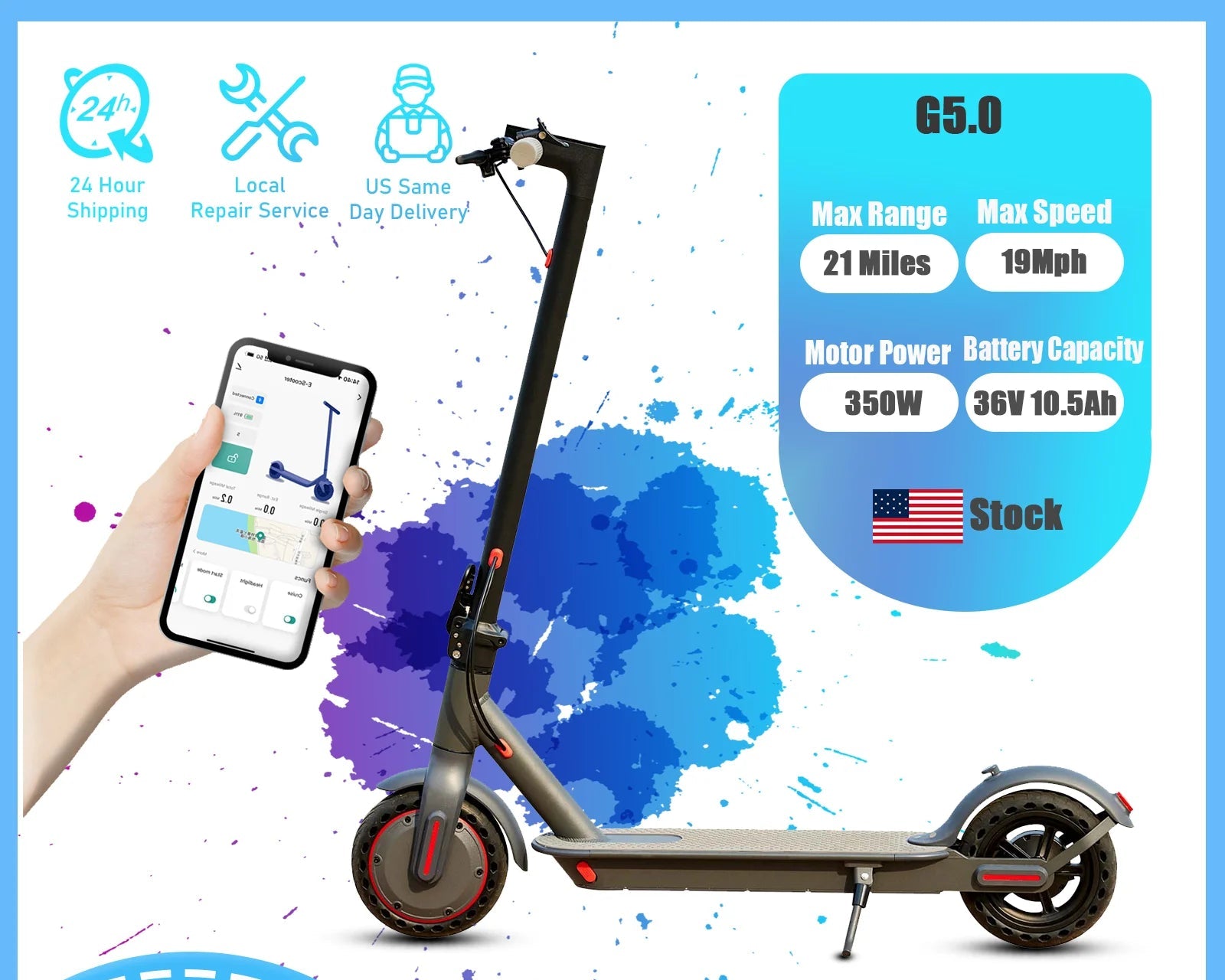 G5.0 Electric Scooter 36V 10.5AH High Capacity Battery 21Miles Long Range 19Mph 350 Motor 8.5Inch Tyres Foldable Escooter